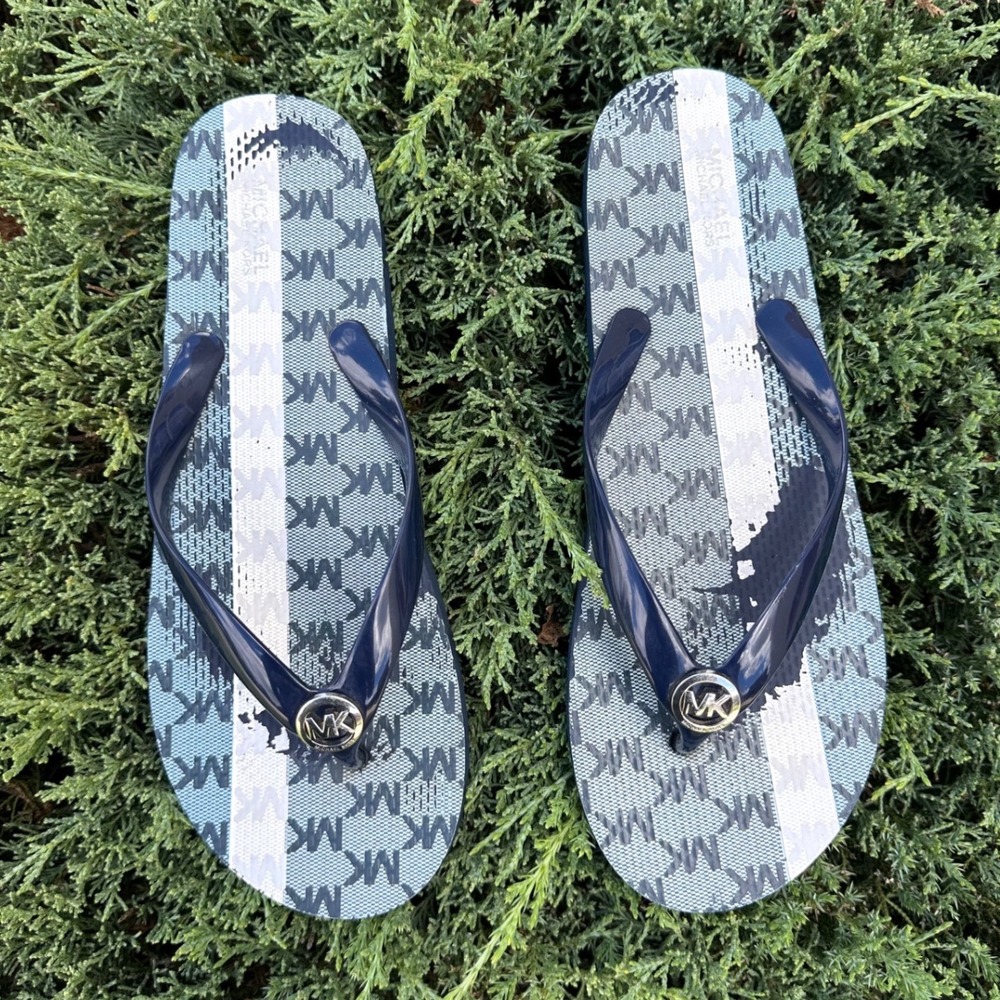 Michael Kors Women's‎ Jet Set Flip Flop Sandals Size 10 Navy Blue White Stripe